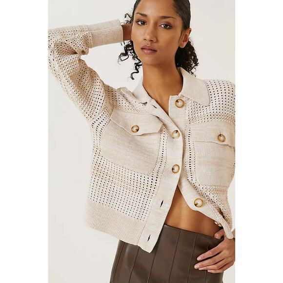 ANTHROPOLOGIE Two Pocket Sweater Coat Cream Ivory Tan Sz XS {PP30} - Picture 2 of 7